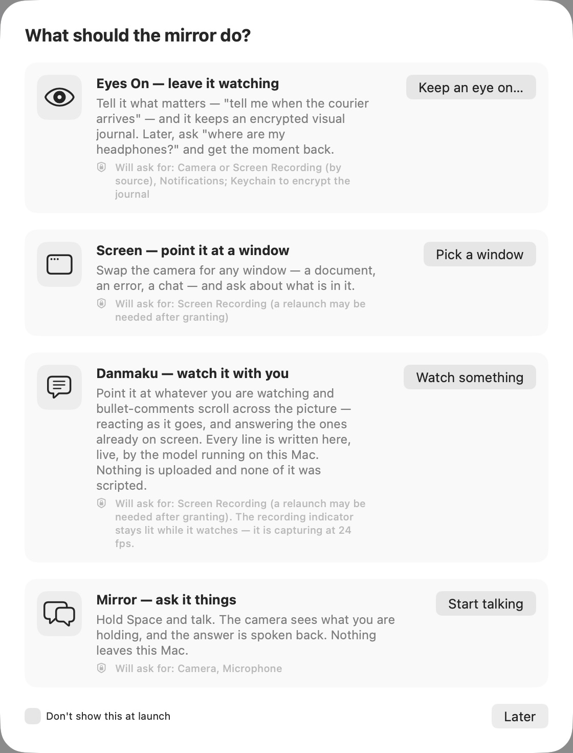 Eyes On launch chooser with the Eyes On, Screen, Danmaku and Mirror modes