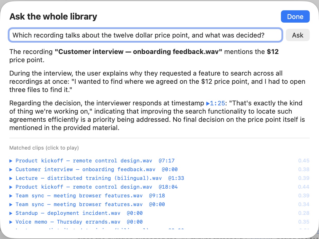 Voice Rack answering one question across the whole library, with the recordings and timestamps it drew on