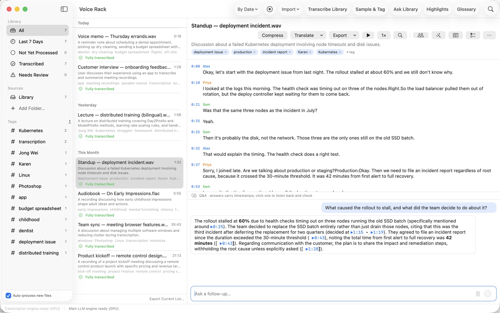 A question about one recording, answered with clickable timestamps