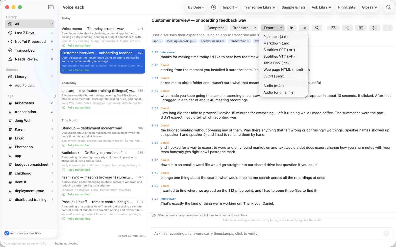 The export menu listing the seven transcript formats