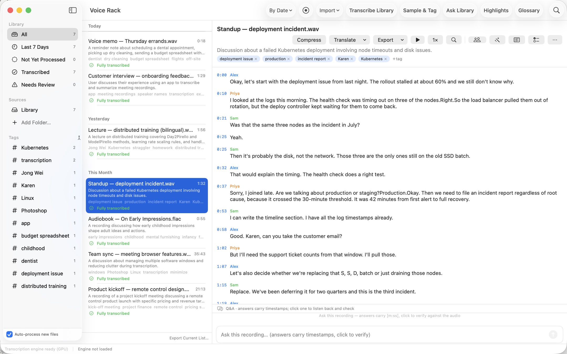 Voice Rack library: recordings grouped by date with summaries and tags, and a meeting transcript with speaker names and timestamps