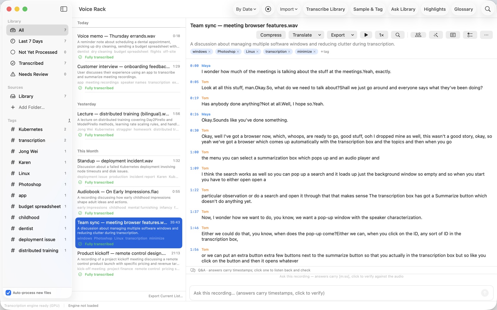 A meeting transcript with each line labelled by speaker name
